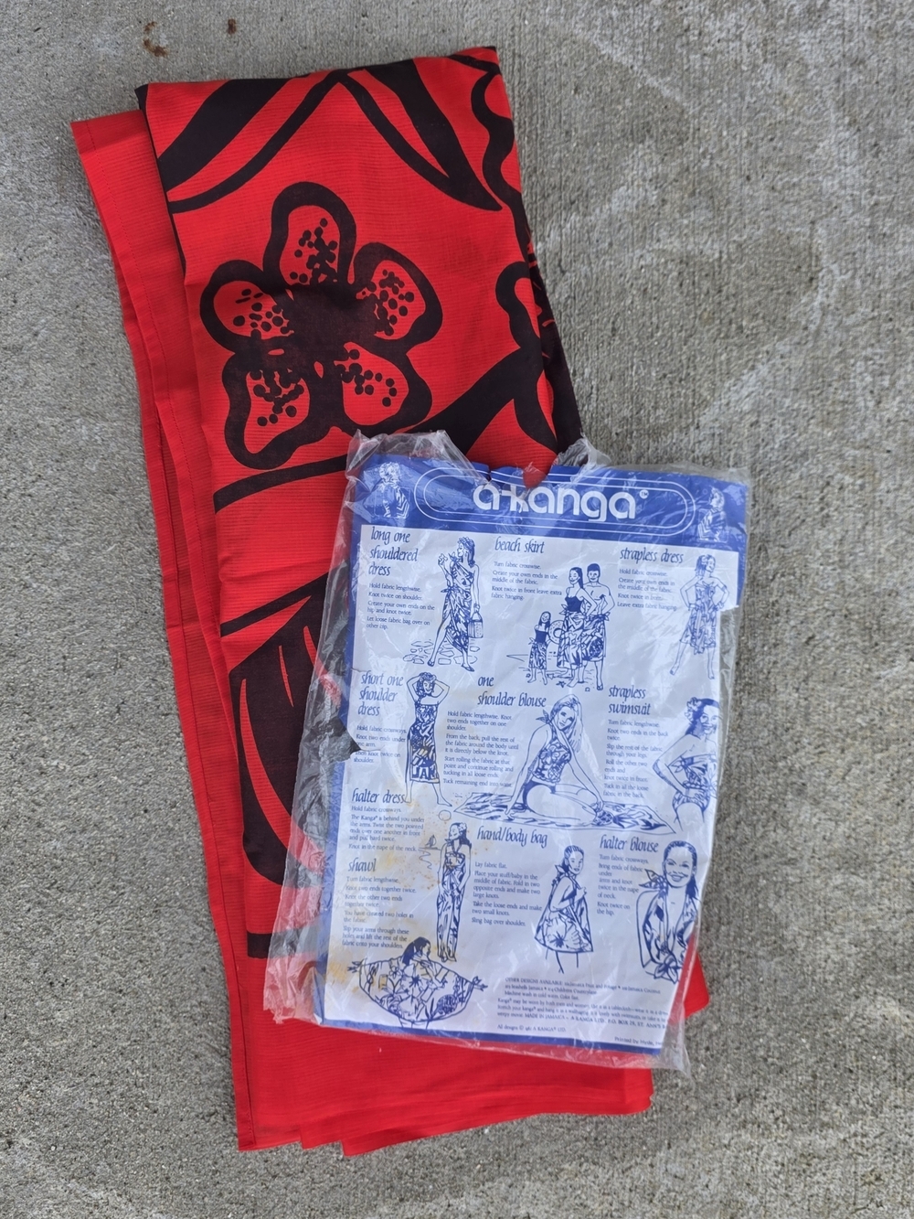 Vintage 80s Jamaica Sarong Wrap A-Kanga Red Black Beach Cover Up